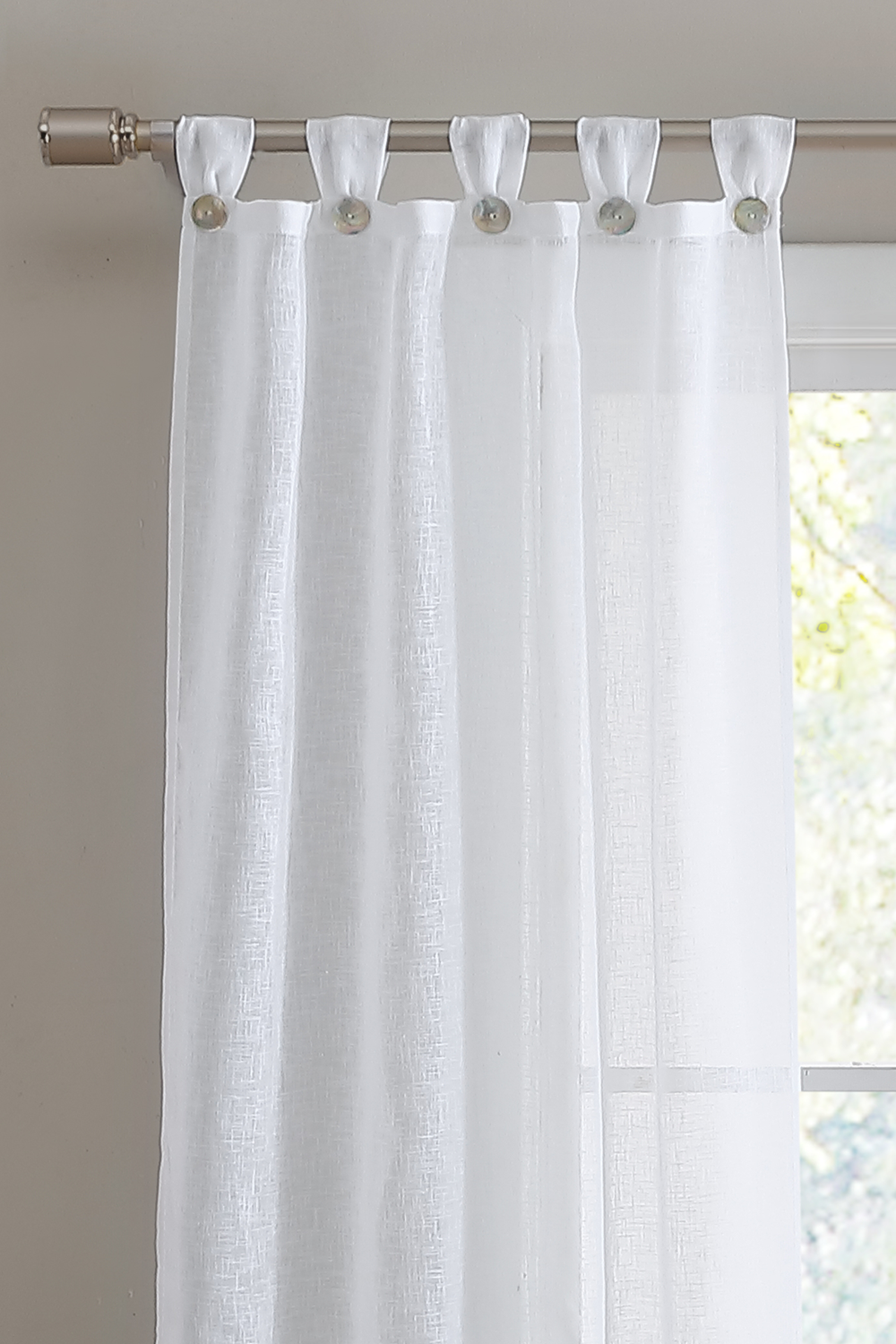 Sheer Fan Tab Top with Faux Mother of Pearl Button Window Curtain, 2 Panels 38" width x 84" length