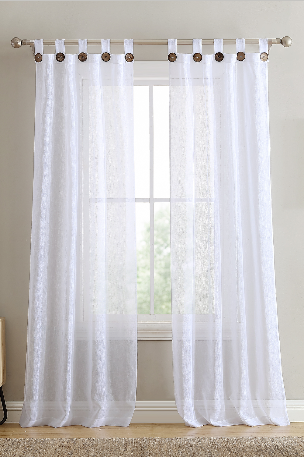 Sheer Tab Top with Coconut Large Button Window Curtain, 2 Panels 38" width x 84" length