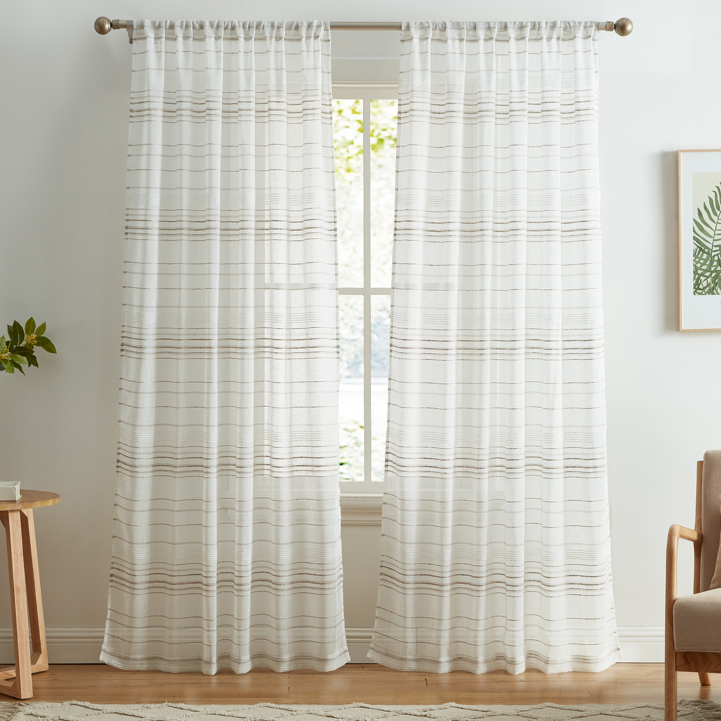 Yarn Dyed Stripe with Boucle Yarn Rod Pocket Window Curtain, 2 Panels WIDE WIDTH 52" width x 84/108" length