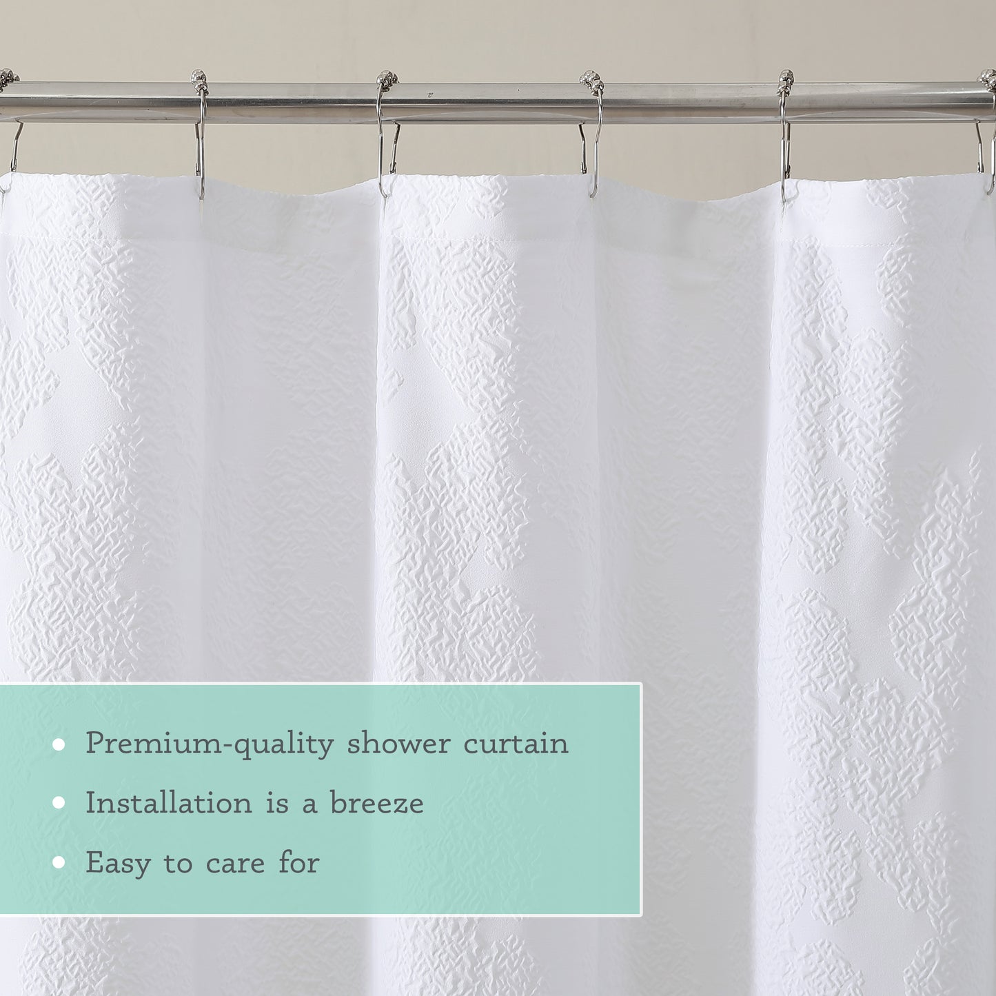 Kat&Fun Fabric Shower Curtain, Geometric Textured 3D Embossed Design, 72in x 72in, Solid White