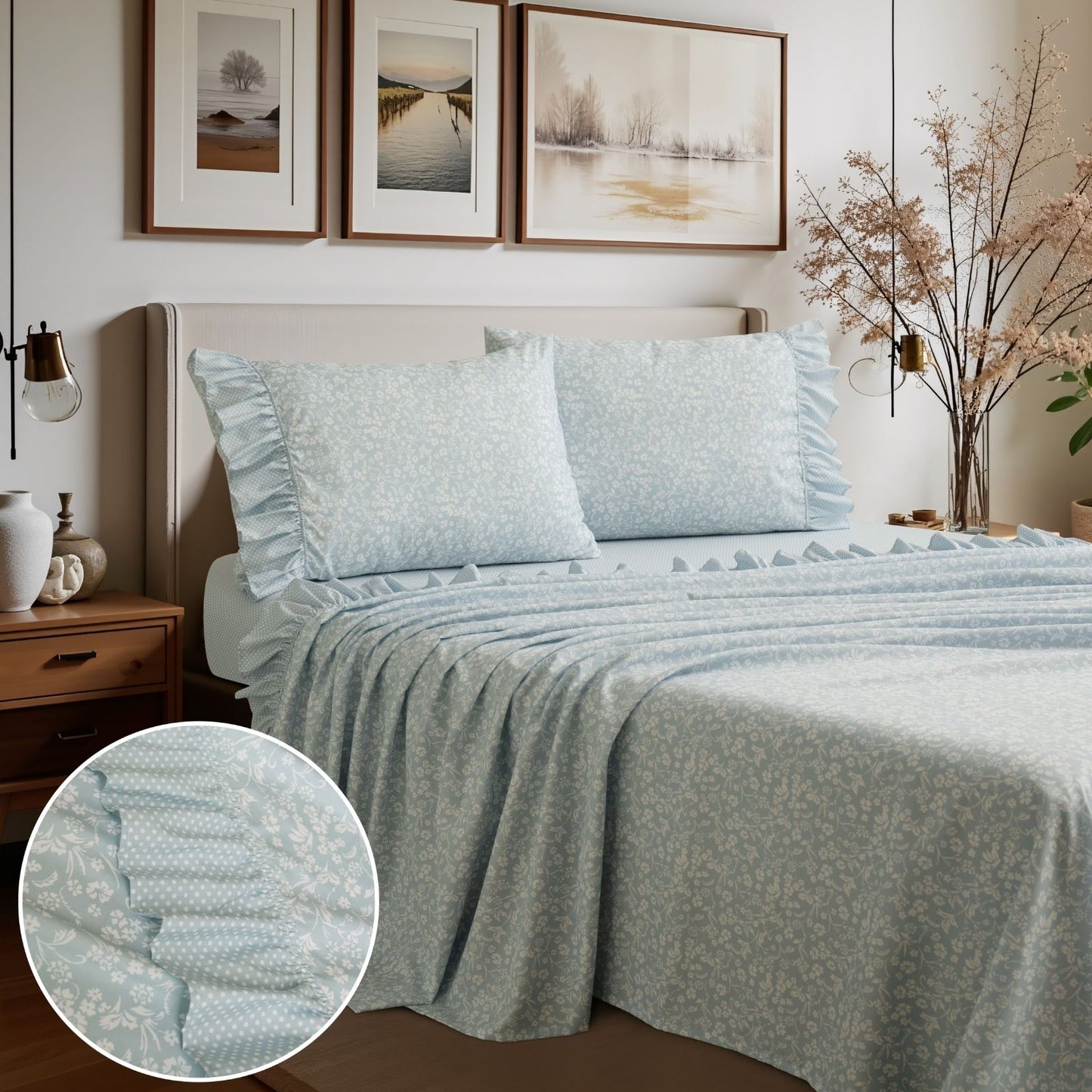 Shabby Chic Floral and Polka Dot Ruffle Sheet Set