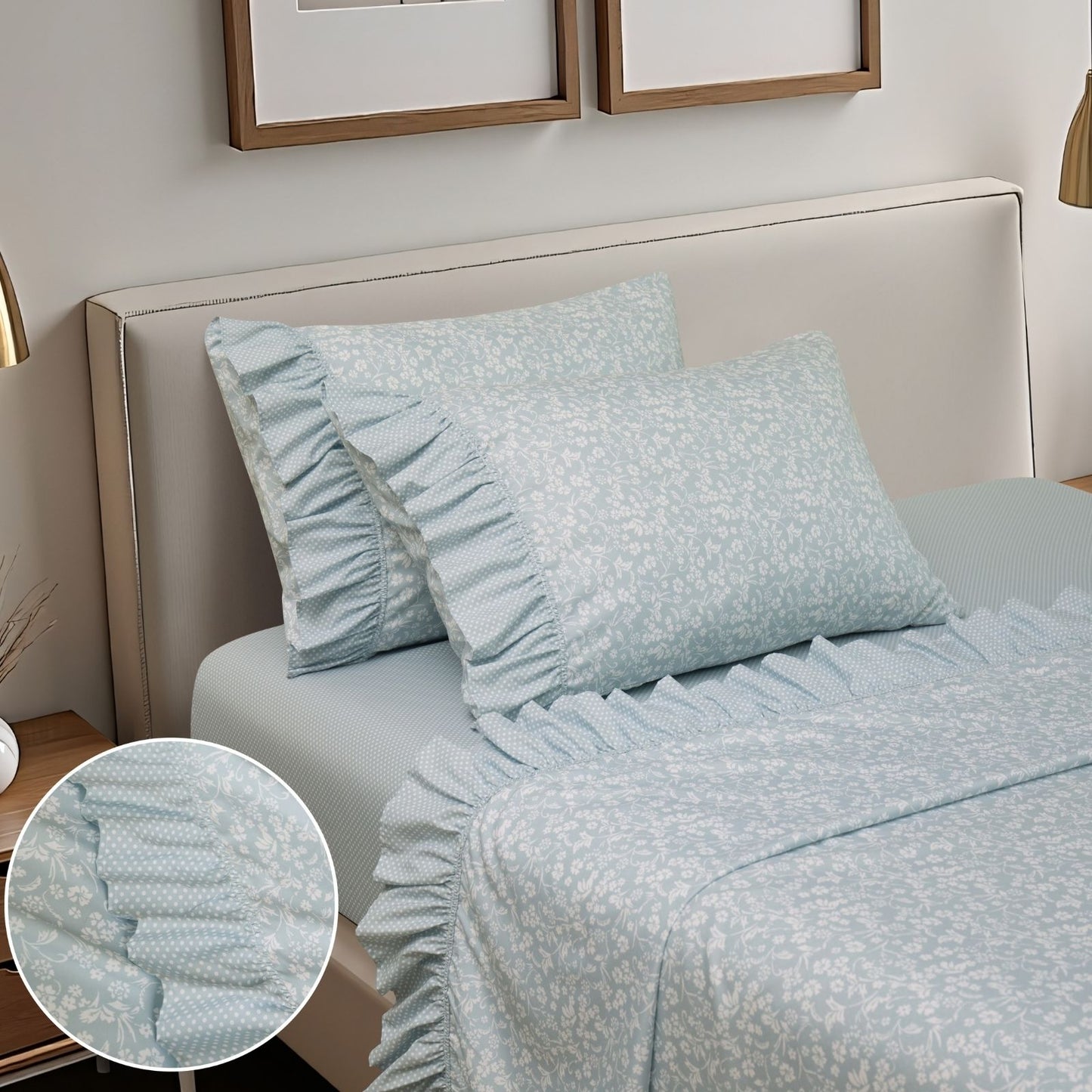 Shabby Chic Floral and Polka Dot Ruffle Sheet Set