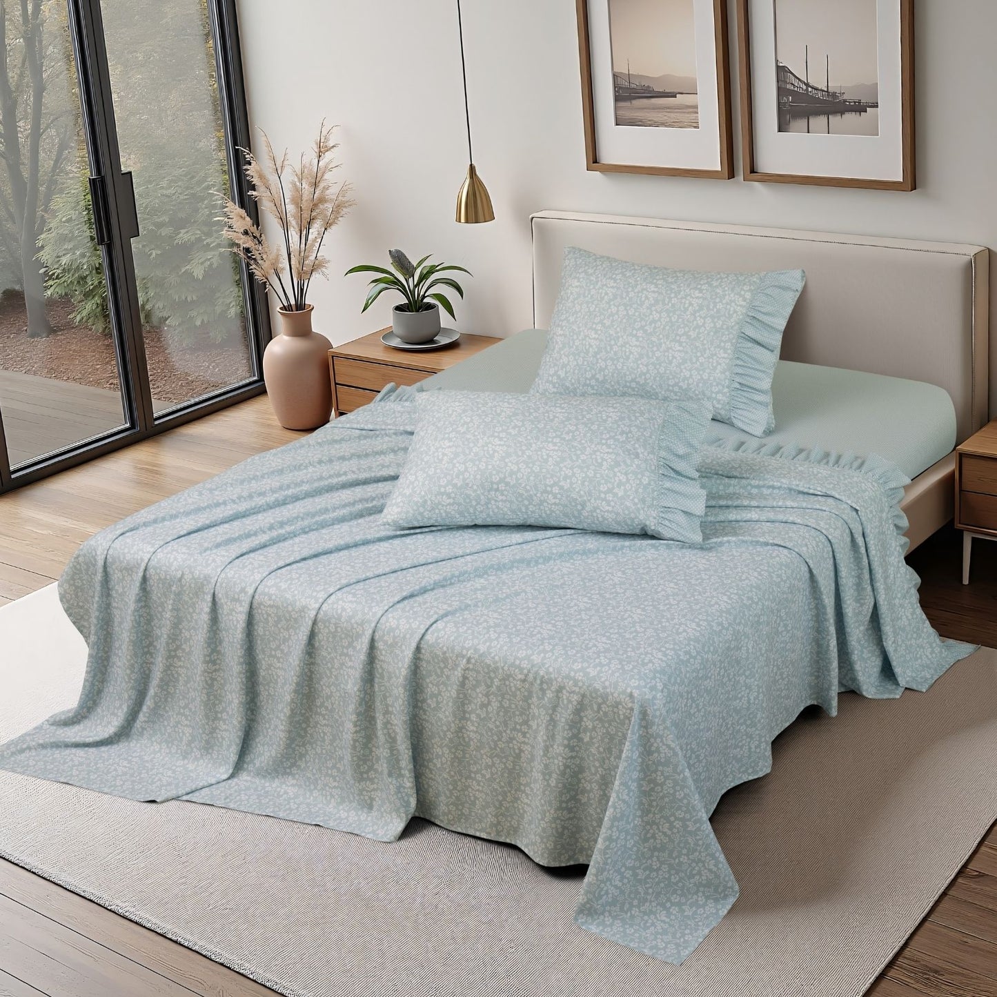 Shabby Chic Floral and Polka Dot Ruffle Sheet Set