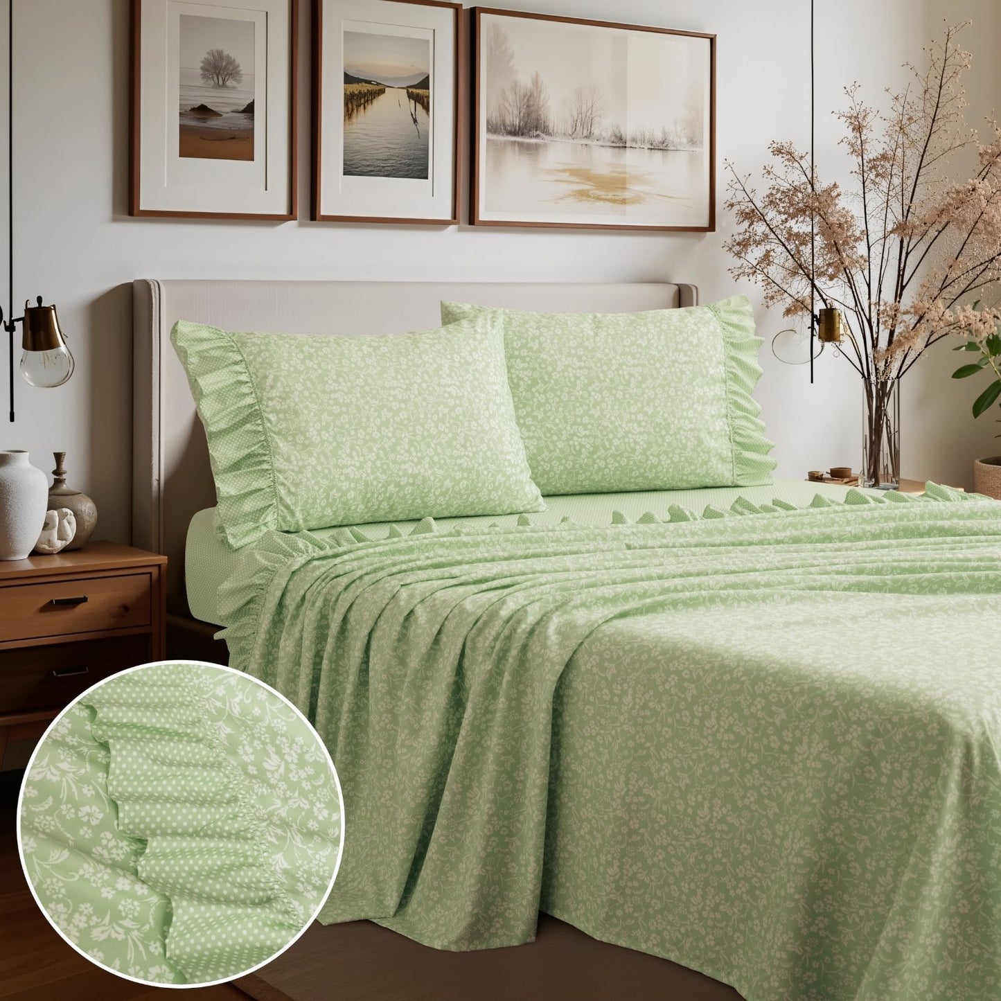 Shabby Chic Floral and Polka Dot Ruffle Sheet Set