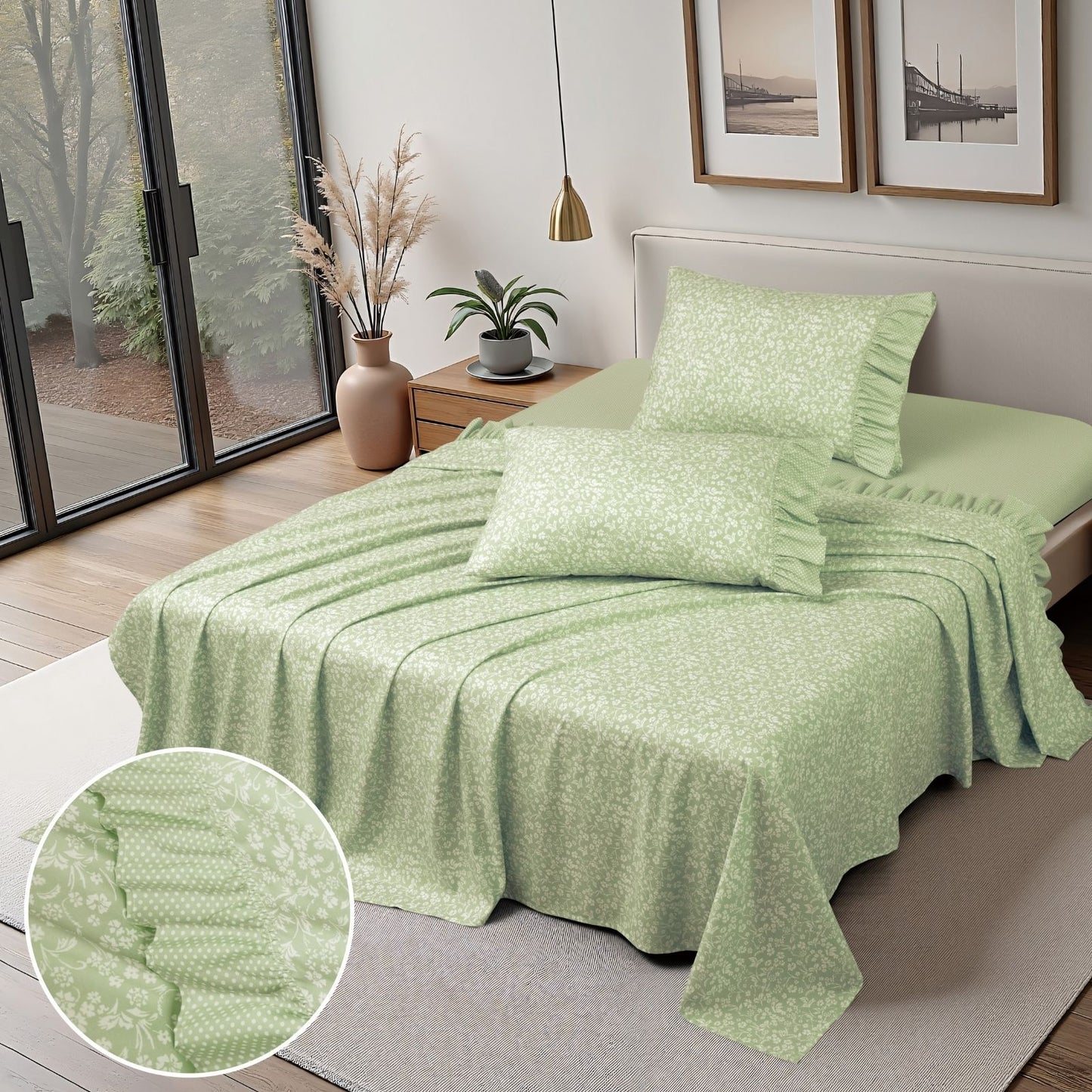 Shabby Chic Floral and Polka Dot Ruffle Sheet Set