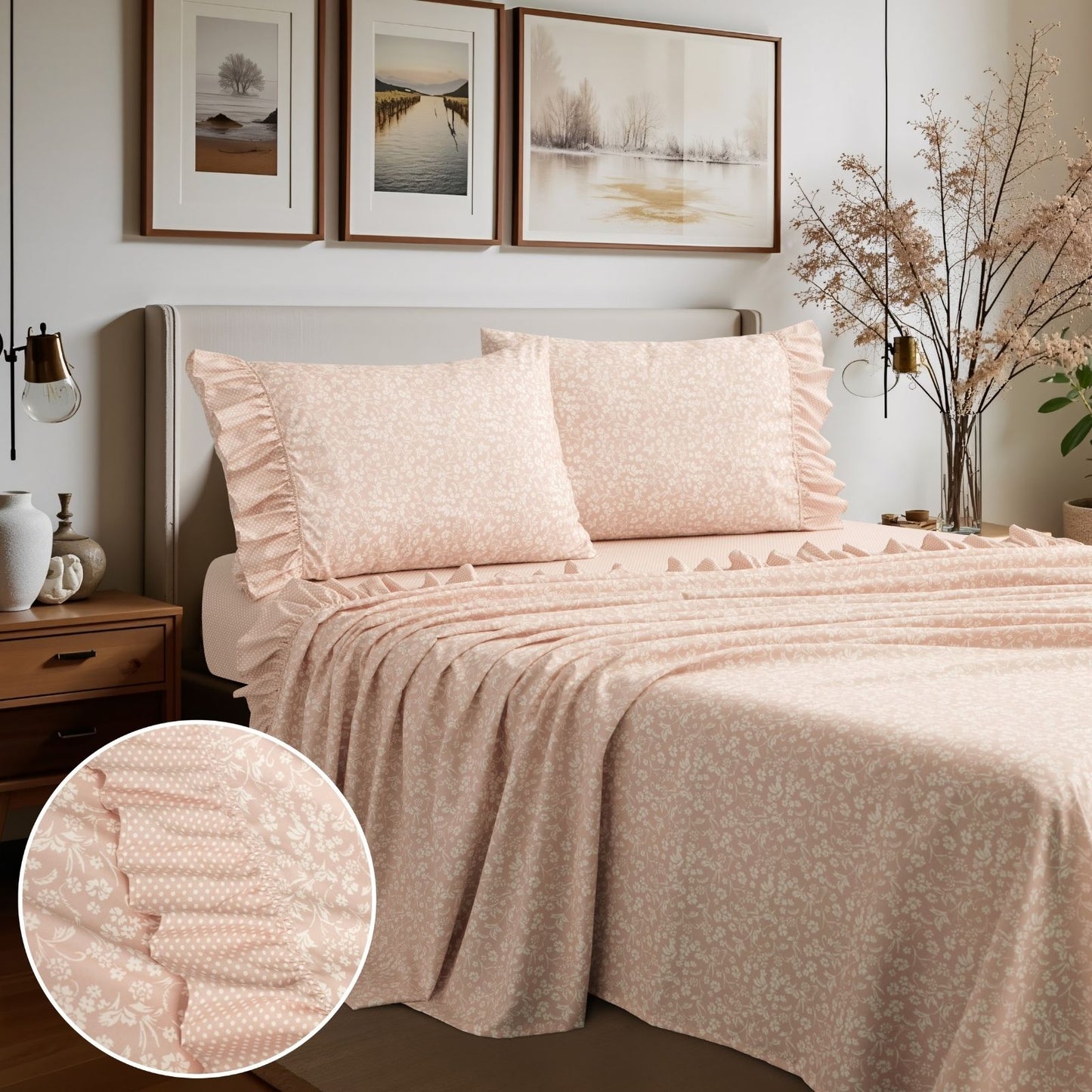 Shabby Chic Floral and Polka Dot Ruffle Sheet Set