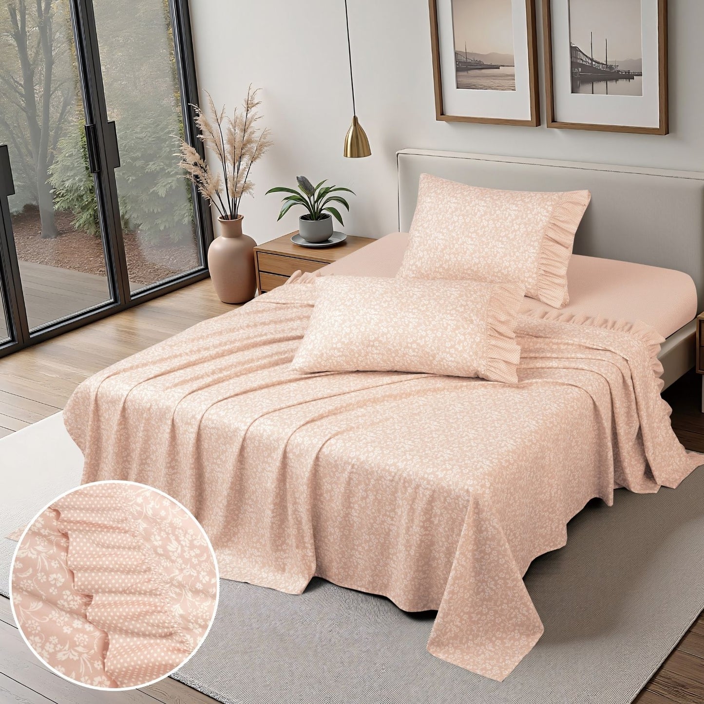 Shabby Chic Floral and Polka Dot Ruffle Sheet Set