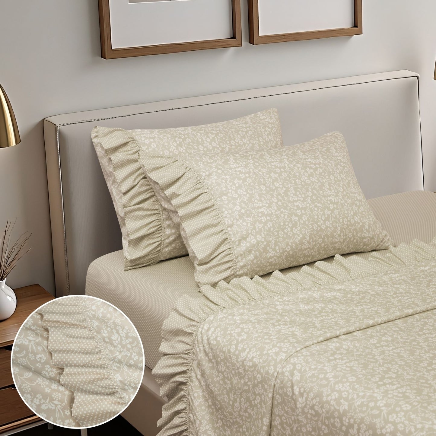 Shabby Chic Floral and Polka Dot Ruffle Sheet Set