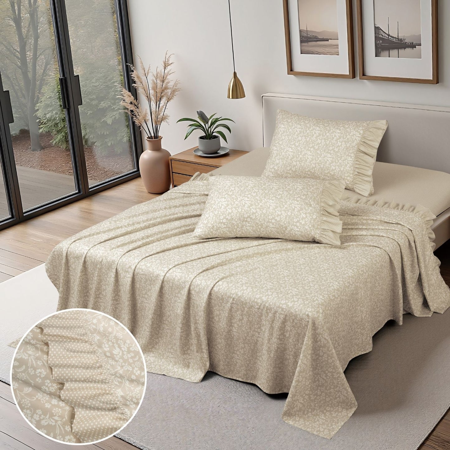 Shabby Chic Floral and Polka Dot Ruffle Sheet Set