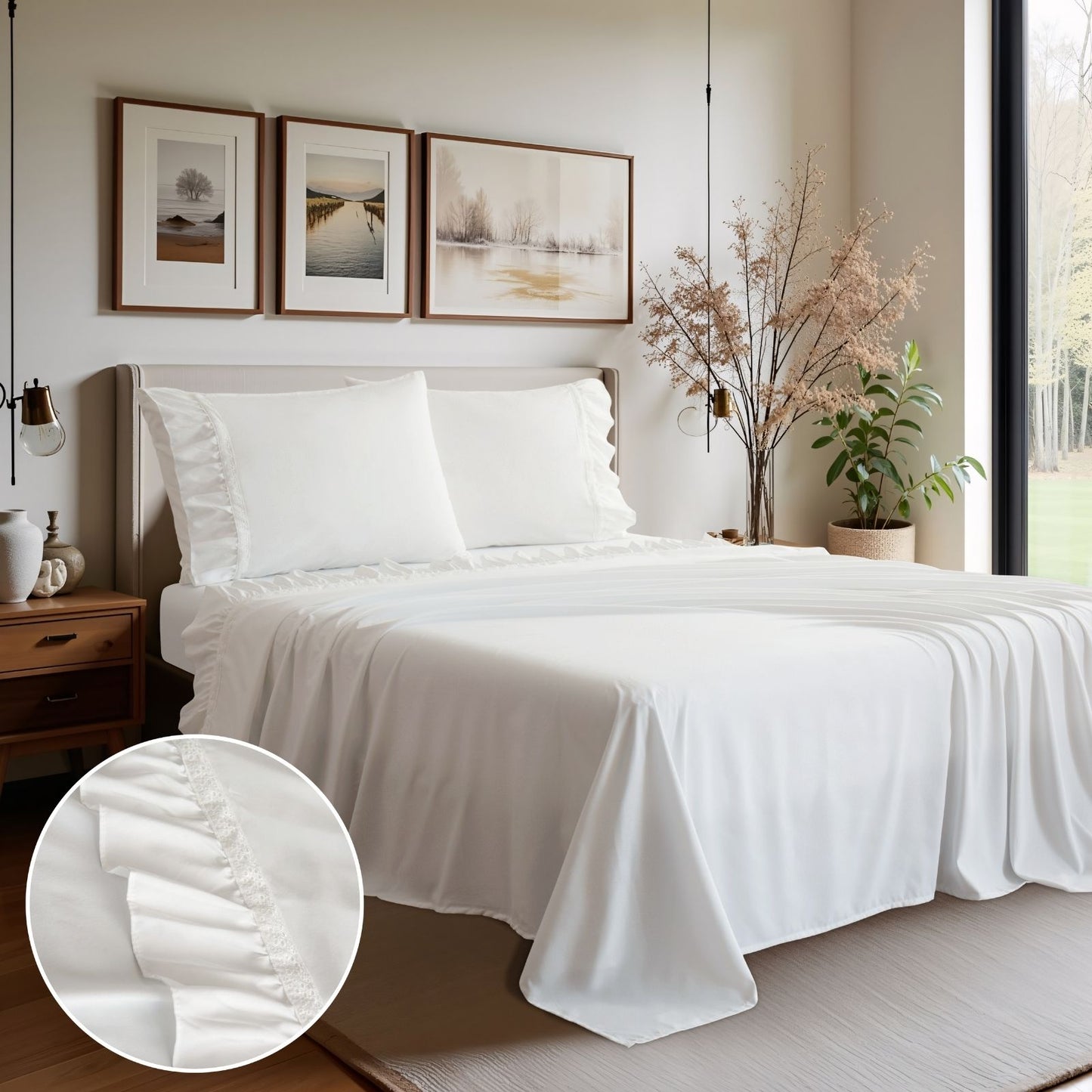 Romantic White Lace Ruffle Sheet Set