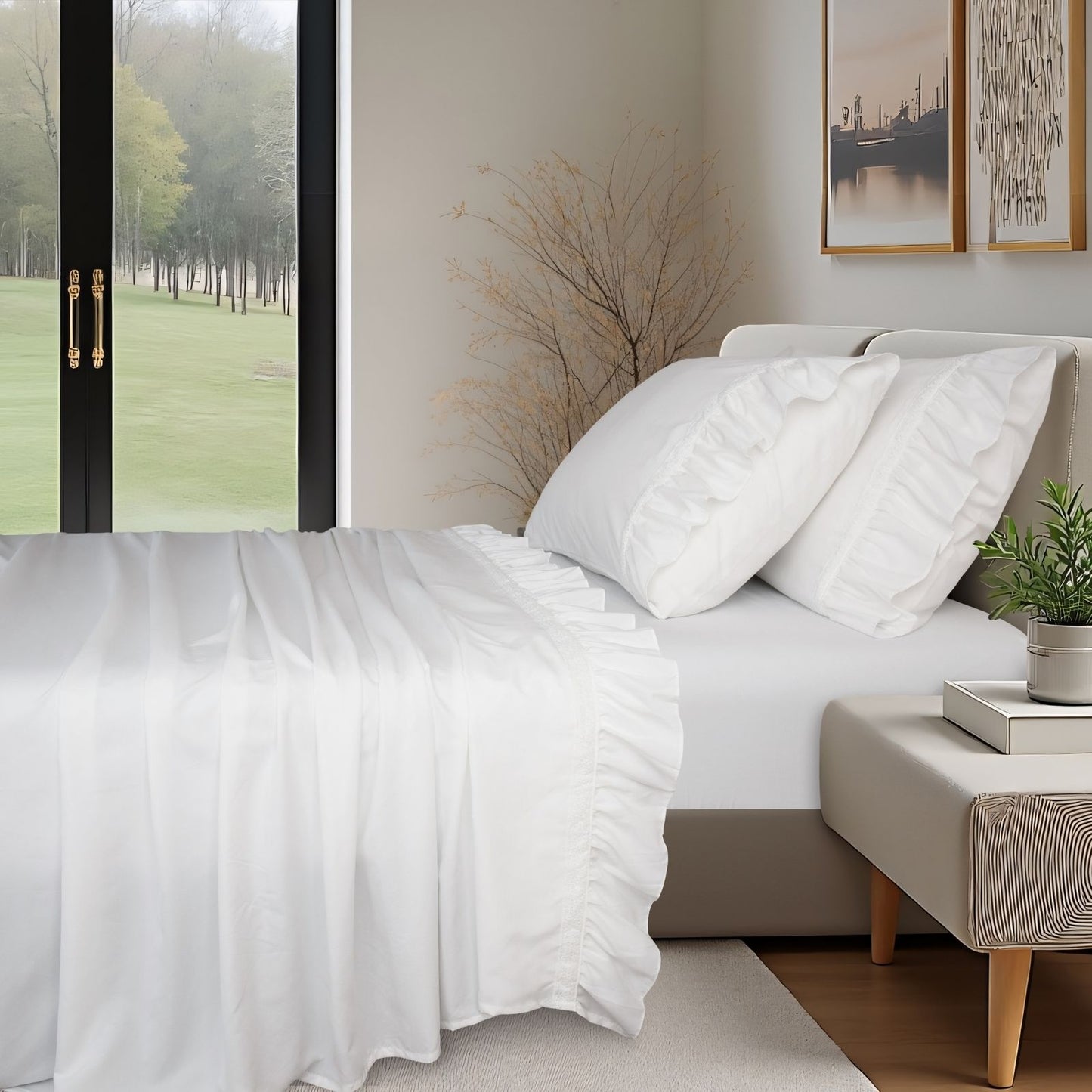 Romantic White Lace Ruffle Sheet Set