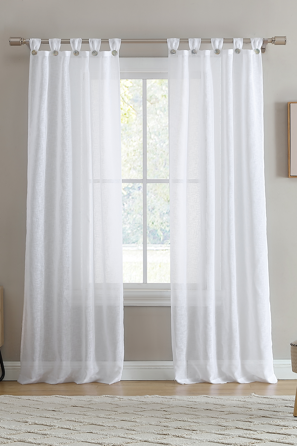 Sheer Fan Tab Top with Faux Mother of Pearl Button Window Curtain, 2 P ...