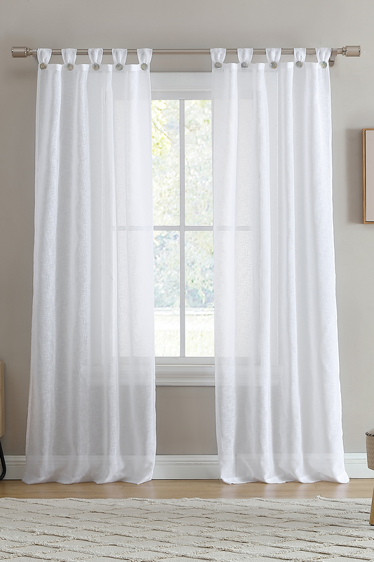 Sheer Fan Tab Top with Faux Mother of Pearl Button Window Curtain, 2 Panels 38" width x 84" length