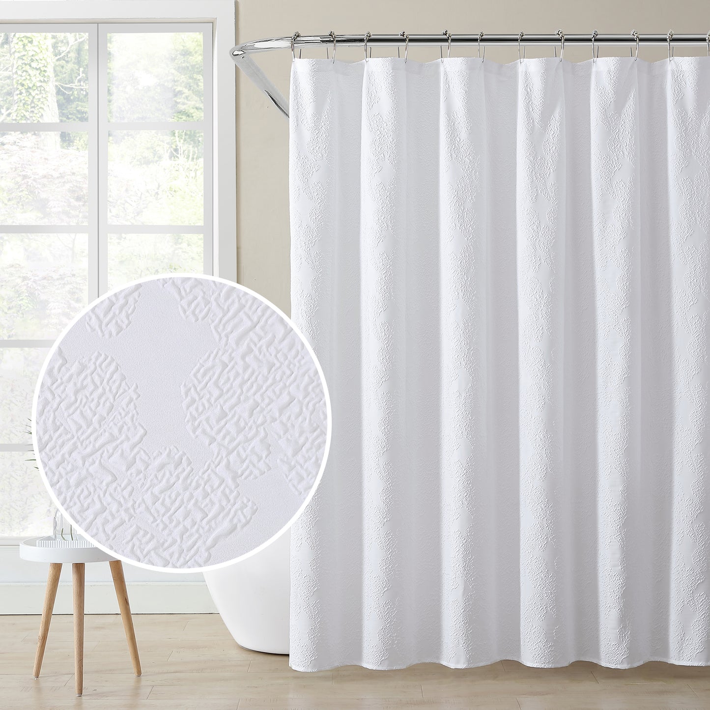 Kat&Fun Fabric Shower Curtain, Geometric Textured 3D Embossed Design, 72in x 72in, Solid White
