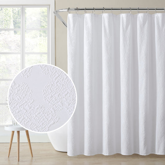 Kat&Fun Fabric Shower Curtain, Geometric Textured 3D Embossed Design, 72in x 72in, Solid White