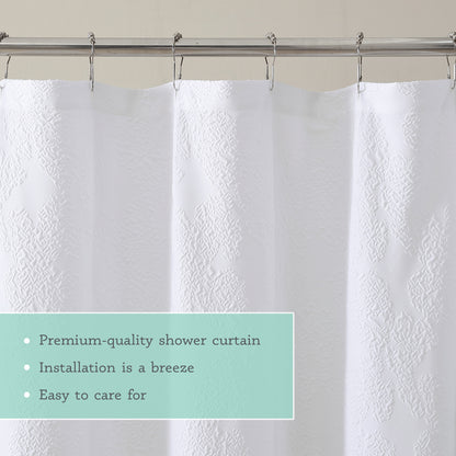 Kat&Fun Fabric Shower Curtain, Geometric Textured 3D Embossed Design, 72in x 72in, Solid White